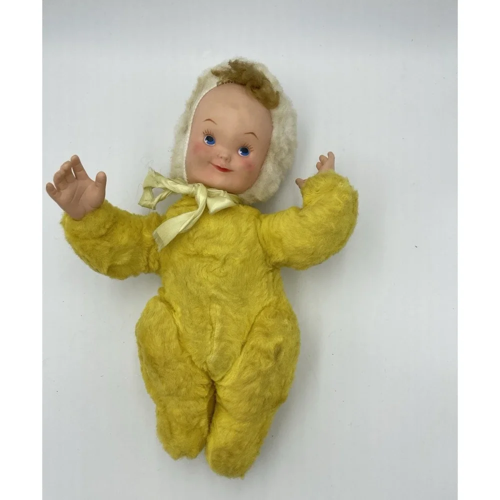Vintage Rubber Sweet Face Baby Doll Yellow‎ Suit Brown Hair Moving Arms Rushton?